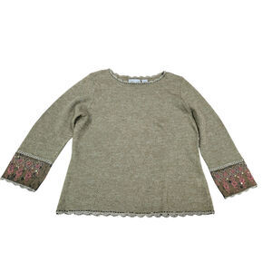 IVY Wool Blend Embroidered Knit Sweater Olive Green Boho Cottagecore L